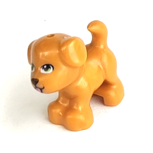 Деталь LEGO 93088pb08 Dog, Friends Style, Puppy, Standing with Lime Eyes, Black Nose and Metallic Pink Tongue Pattern