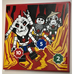 Tile 6 x 6 with NINJAGO Samukai, Chopov and Wyplash Minifigures in Lava, White Number 2, 5 and 10 in Green, Blue and Red Starburst Pattern (Sticker) - Set 40429
