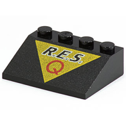 Slope 33 3 x 4 with 'R.E.S.' and Red Capital Letter Q on Yellow Triangle Pattern Slope 33 3 x 4 with 'R.E.S.' and Red Capital Letter Q on Yellow Triangle Pattern