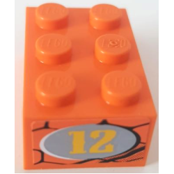 Brick 2 x 3 with Yellow '12' in Light Bluish Gray Oval on Snakeskin Background Pattern on End Model Left Side (Sticker) - Set 8158