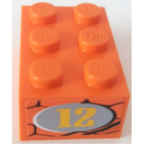 Деталь LEGO 3002pb22L Brick 2 x 3 with Yellow '12' in Light Bluish Gray Oval on Snakeskin Background Pattern on End Model Left Side (Sticker) - Set 8158