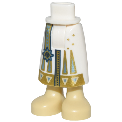 Деталь LEGO 59595c00pb21 Mini Doll Hips and Skirt Long with Molded Tan Legs and Printed Gold Hem with Tan Triangles, Metallic Light Blue Strap and Star Emblem Pattern - Thick Hinge