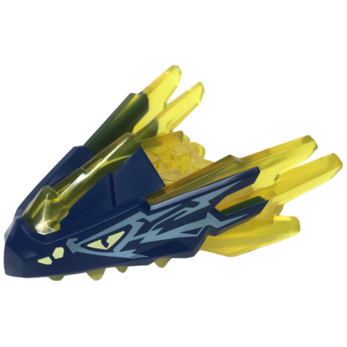 Деталь LEGO 100588pb03 Dragon Head (Ninjago) Jaw with Spikes, 4 Studs and 2 Bar Handles with Molded Dark Blue Face and Printed Bright Light Yellow Eyes and Metallic Light Blue Markings Pattern