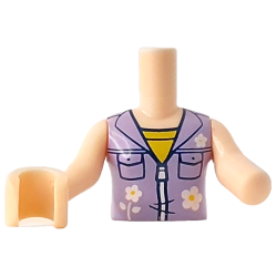Torso Mini Doll Girl Lavender Sleeveless Jacket with Dark Blue Pockets and White Flowers and Zipper over Yellow Top Pattern, Light Nougat Arm Left, Light Nougat Arm with Hand Right
