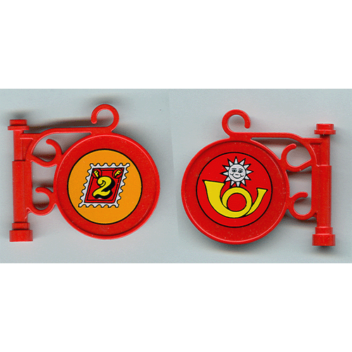Деталь LEGO x222pb03 Road Sign Round on Pole with Ornate Top Attachment with Stamp and Horn Pattern on Both Sides (Stickers) - Set 3675