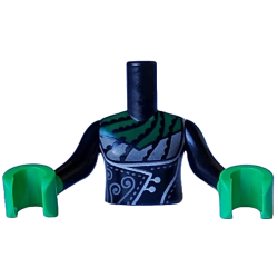Torso Mini Doll Girl Dress Top with Light Bluish Gray Breast Inset and Filigree and Dark Green Collar Pattern, Bright Green Arms with Hands with Black Long Sleeves