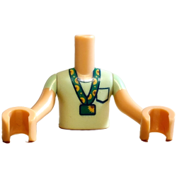 Torso Mini Doll Boy Yellowish Green T-Shirt with Black Pocket and Trim and Green, Reddish Brown and Yellow Sunflower Lanyard Pattern, Medium Tan Arms with Hands with Yellowish Green Short Sleeves