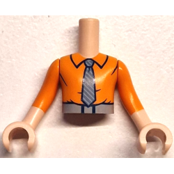 Torso Mini Doll Boy Orange Shirt with Collar, Belt with Black Buckle, Light Bluish Gray and Dark Bluish Gray Striped Tie Pattern, Light Nougat Arms with Hands with Orange Sleeves
