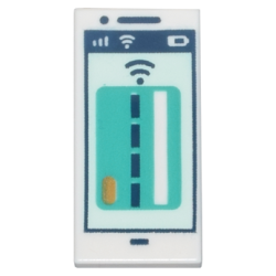 White Tile 1 x 2 with Cell Phone / Smartphone with Dark Turquoise Debit / Credit Card on Light Aqua Background, Signal Strength, WiFi, Battery Level and Dark Blue Contactless Payment Symbols Pattern