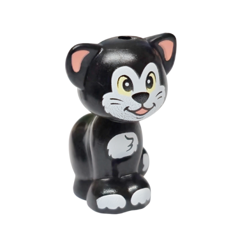 Деталь LEGO 11602pb17 Cat, Friends Style, Sitting with Bright Light Yellow Eyes, Coral Inner Ears and Tongue, White Face, Patches and Paws Pattern (Disney Figaro)