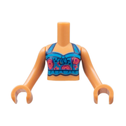 Torso Mini Doll Girl Dark Azure Tank Top with Coral and Magenta Roses Pattern, Nougat Arms with Hands