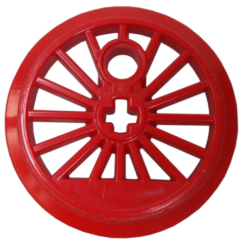 Деталь LEGO 85489b Train Wheel RC, Spoked with Technic Axle Hole and Counterweight, 37 mm D. (Flanged Driver) - Red