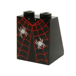Slope 65 2 x 2 x 2 with Bottom Tube with Minifigure Dress / Skirt / Robe, Red Spider Web and 2 Silver Spiders Pattern
