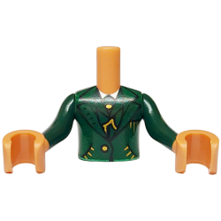 Torso Mini Doll Boy Suit Jacket and Waistcoat over White Shirt, Gold Chain and Buttons Pattern, Nougat Arms with Hands with Dark Green Long Sleeves
