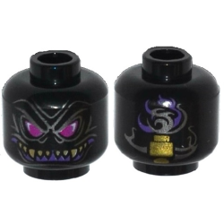 Minifigure, Head Alien with Magenta Eyes, Dark Purple Grin with Sharp Teeth, and Gold Vertebra on Back Pattern