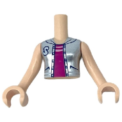 Torso Mini Doll Girl Magenta Top with Stripes, Metallic Silver Vest with Letter S Pattern, Light Nougat Arms with Hands