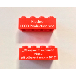 Brick 2 x 4 with 'Kladno LEGO Production s.r.o.' and 'Thank you for your help in October 2018' (Translated Czech) Pattern on Opposite Sides Brick 2 x 4 with 'Kladno LEGO Production s.r.o.' and 'Thank you for your help in October 2018' (Translated Czech) Pattern on Opposite Sides