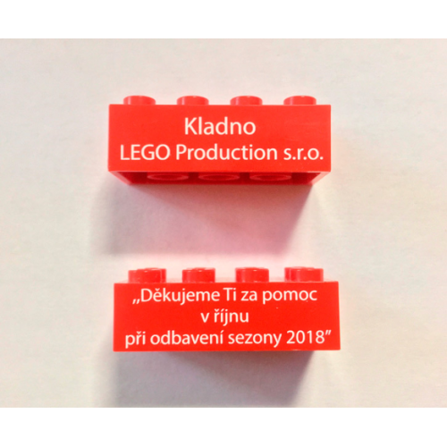 Деталь LEGO 3001pb140 Brick 2 x 4 with 'Kladno LEGO Production s.r.o.' and 'Thank you for your help in October 2018' (Translated Czech) Pattern on Opposite Sides