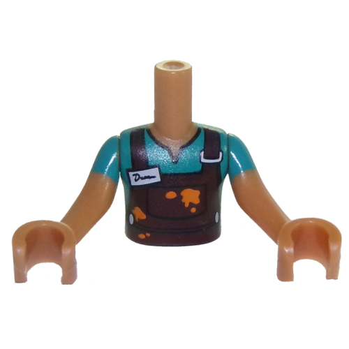 Деталь LEGO FTBpb036c01 Torso Mini Doll Boy Dark Turquoise Top with Dark Brown Overalls and Name Tag Pattern, Medium Nougat Arms with Hands with Dark Turquoise Sleeves
