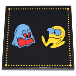 Tile 6 x 6 with Bottom Tubes with Yellow PAC-MAN and Medium Blue Ghost (Inky) with Red Eyes and Open Mouth Characters and Yellow Dotted Border Pattern (Sticker) - Set 10323