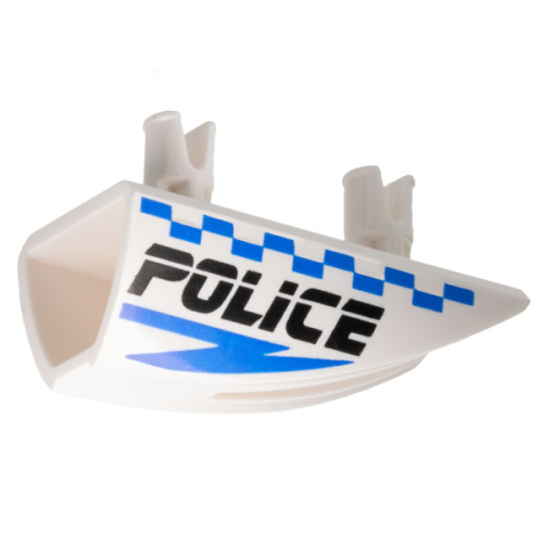 Деталь LEGO 30647pb02 Vehicle, Fairing 1 x 4 Side Flaring Intake with 2 Pins with Black 'POLICE', Blue Lightning Bolt, and Checkered Pattern Model Right Side