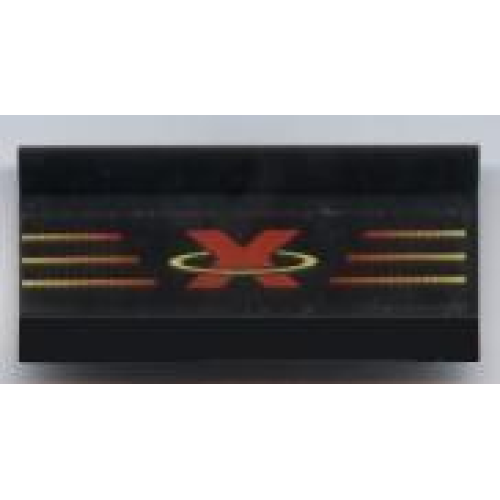 Деталь LEGO 2440pb001 Vehicle, Spoiler / Plow Blade 6 x 3 with Hinge with Red and Yellow Extreme Team Logo Pattern (Sticker) - Sets 2963 / 6568 / 6589 - Black