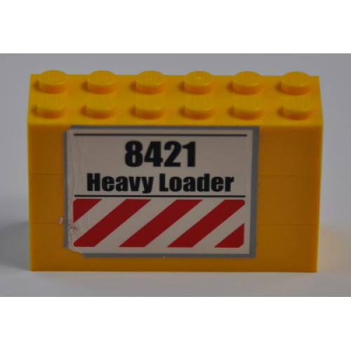 Деталь LEGO BA059pb01 Stickered Assembly 6 x 2 x 3 with '8421 Heavy Loader' and Red and White Danger Stripes Pattern (Sticker) - Set 8421 - 3 Brick 2 x 6