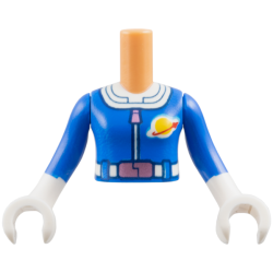 Torso Mini Doll Girl Blue Astronaut Costume, White Collar and Belt, Metallic Pink Zipper and Buckle, Red and Yellow Classic Space Logo Pattern, Blue Arms / Sleeves with White Hands / Gloves
