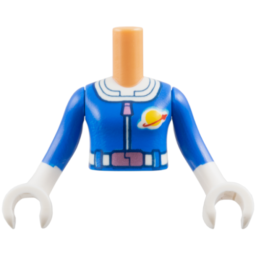 Деталь LEGO FTGpb536c01 Torso Mini Doll Girl Blue Astronaut Costume, White Collar and Belt, Metallic Pink Zipper and Buckle, Red and Yellow Classic Space Logo Pattern, Blue Arms / Sleeves with White Hands / Gloves