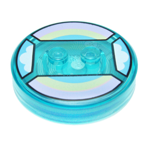 Деталь LEGO 18605c01pb27 Dimensions Toy Tag 4 x 4 x 2/3 with 2 Studs and Trans-Light Blue Bottom with Bright Pink, Bright Light Yellow, and Bright Light Blue Rainbow, White Clouds Pattern (Unikitty)