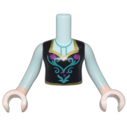 Torso Mini Doll Girl Black Top with Flower Pattern, Light Nougat Arms with Hands with Light Aqua Sleeves