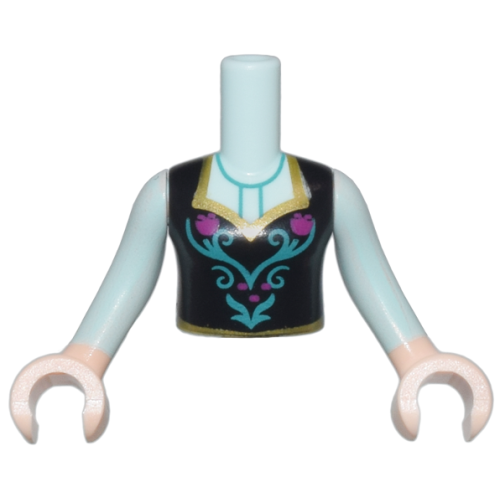Деталь LEGO FTGpb333c01 Torso Mini Doll Girl Black Top with Flower Pattern, Light Nougat Arms with Hands with Light Aqua Sleeves