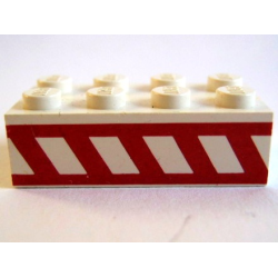 Brick 2 x 4 with Angled Red Stripes Between Two Horizontal Red Stripes Pattern
