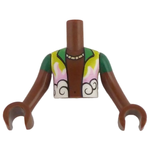 Деталь LEGO FTBpb143c01 Torso Mini Doll Boy Bright Green, Bright Pink, Lime and White Shirt Open and Necklace Pattern, Reddish Brown Arms with Hands with Green Short Sleeves