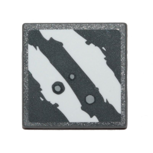 Деталь LEGO 15210pb056 Road Sign 2 x 2 Square with Open O Clip with 2 Rugged White Diagonal Stripes and Blaster Marks on Dark Bluish Gray Background Pattern (Sticker) - Set 75254