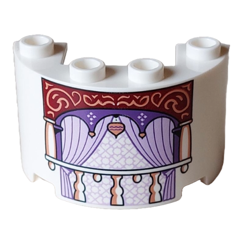 Деталь LEGO 24593pb17 Cylinder Half 2 x 4 x 2 with 1 x 2 Cutout with Balcony, Nougat Ornate on Dark Red Background, Dark Purple Panel and Lavender Curtains Pattern