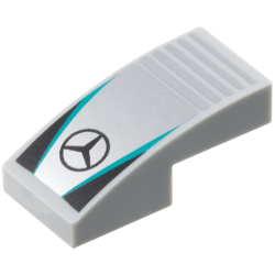 Slope, Curved 2 x 1 x 2/3 with Mercedes Logo on Silver Background with Notches, Dark Turquoise Stripes, Black Triangles Pattern Slope, Curved 2 x 1 x 2/3 with Mercedes Logo on Silver Background with Notches, Dark Turquoise Stripes, Black Triangles Pattern