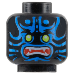 Minifigure, Head Alien with Lime Eyes, Blue Markings, Angry Open Red Mouth with Sharp Teeth Parted Pattern