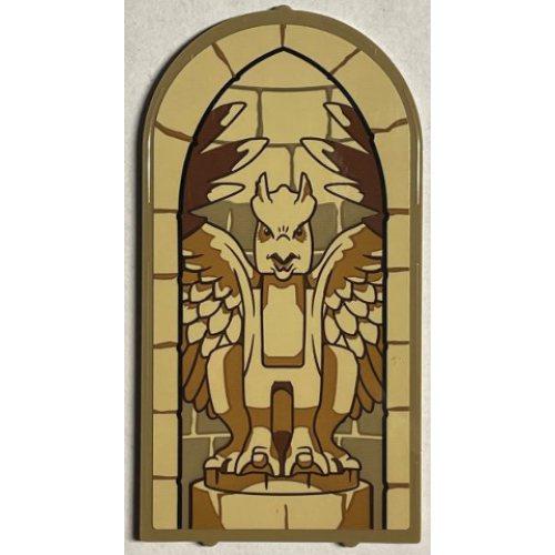 Деталь LEGO 65066pb06 Glass for Door Frame 1 x 6 x 7 Arched with Notches and Rounded Pillars with Tan Bricks, Medium Nougat and Reddish Brown Gargoyle Statue Pattern (Sticker) - Set 76402