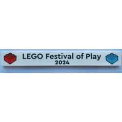 Tile 1 x 8 with Black 'LEGO Festival of Play 2024' and Red and Medium Azure Brick Pattern Tile 1 x 8 with Black 'LEGO Festival of Play 2024' and Red and Medium Azure Brick Pattern