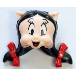 Minifigure, Head, Modified Looney Tunes Petunia Pig with Black Hair, Red Bows and Tongue Pattern