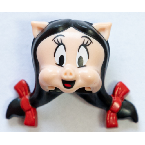 Деталь LEGO 75692pb01 Minifigure, Head, Modified Looney Tunes Petunia Pig with Black Hair, Red Bows and Tongue Pattern