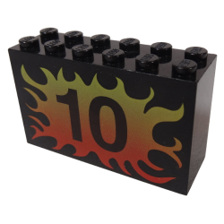Brick 2 x 6 x 3 with '10' on Yellow to Red Flames Pattern