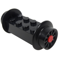 Brick, Modified 2 x 4 with Black Wheels, Train Spoked Small (23mm D.) and Red Pins (4180 / wheel3 / 2344) Brick, Modified 2 x 4 with Black Wheels, Train Spoked Small (23mm D.) and Red Pins (4180 / wheel3 / 2344)