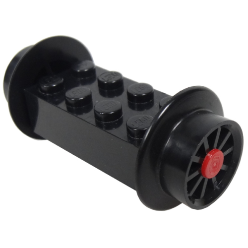 Деталь LEGO 4180c06 Brick, Modified 2 x 4 with Black Wheels, Train Spoked Small (23mm D.) and Red Pins (4180 / wheel3 / 2344)