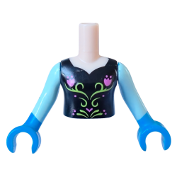 Torso Mini Doll Girl Black Top with Flower Pattern, Light Aqua Arms / Sleeves with Dark Azure Hands / Gloves