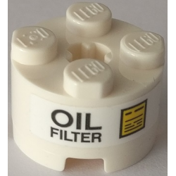 Brick, Round 2 x 2 with Axle Hole with 'OIL FILTER' and Yellow Sign Pattern (Sticker) - Set 42082