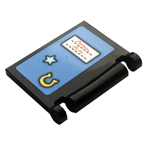 Деталь LEGO 24093pb060 Minifigure, Utensil Book Cover with Light Aqua Star, Yellow Horseshoe and White Label with Red Writing on Medium Blue Background Pattern (Sticker) - Set 41728