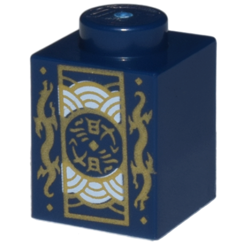 Деталь LEGO 3005pb058 Brick 1 x 1 with Gold Dragons and Rectangle Emblem with Silver Half Circles Pattern