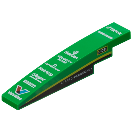 Деталь LEGO 6801pb03 Slope, Curved 6 x 1 with White 'TikTok', 'BOMBARDIER', 'NexGen', 'VELOCITY BLACK', 'servicenow', 'NetApp', 'Regent', 'PIRELLI', 'Valvoline', 'JCB' and 'GIRARD-PERREGAUX' Logos, Black Panel and Yellow Stripe on Both Sides Pattern